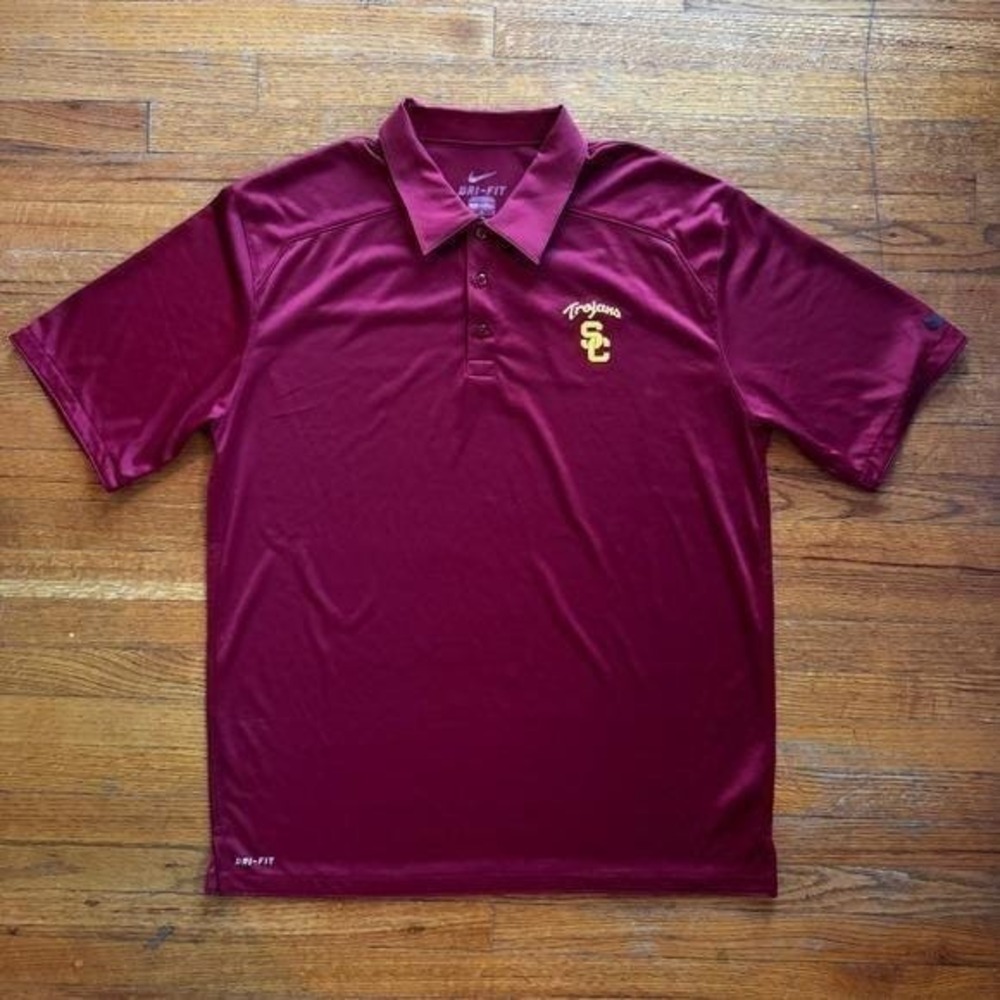 NIKE Mens Large Burgundy USC Trojans Dri-FIT Polo Shirt Golf NCAA